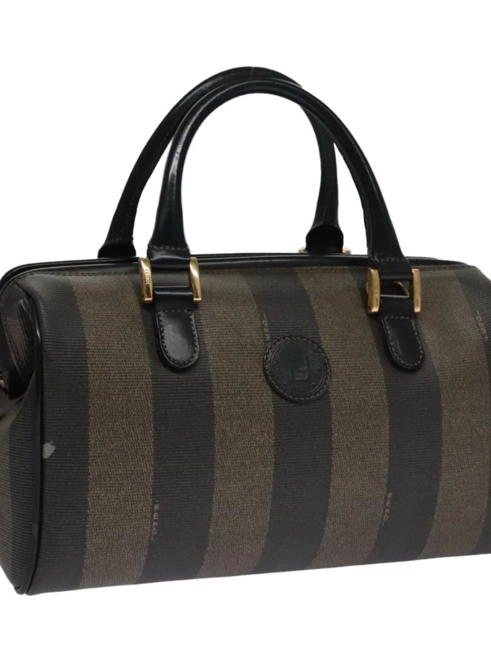 FENDI Pecan Canvas Hand Bag Brown Black gold Auth 102870